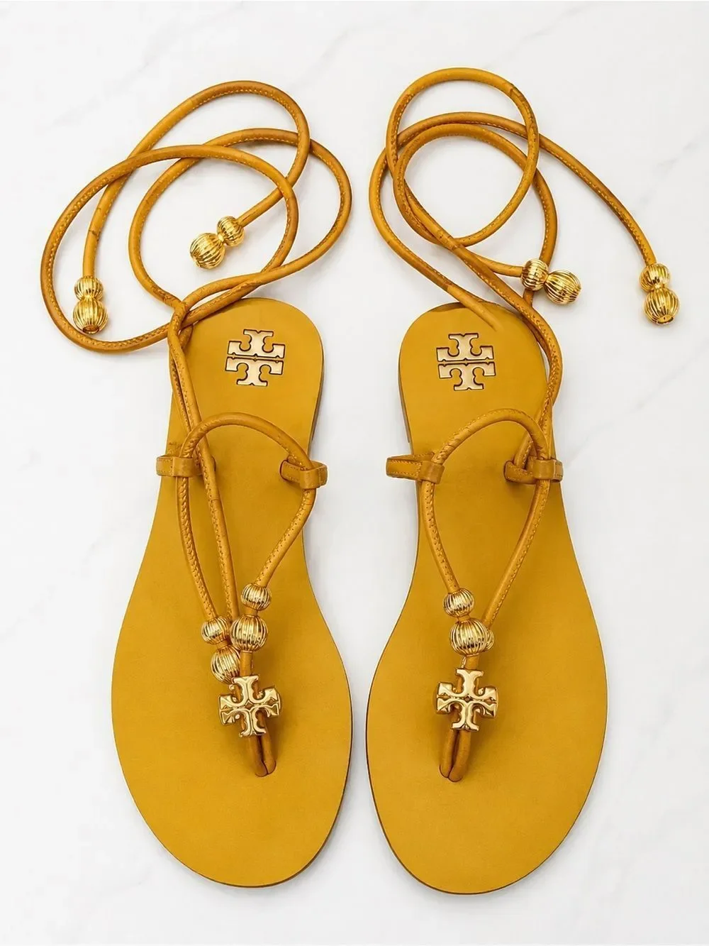 Tory Burch Mustard Yellow Lace-Up Logo Espadrille Sandals